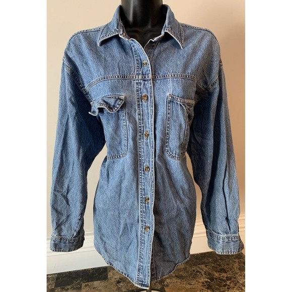 Medium Original Arizona Jean Company Long Sleeve Denim Blue Shirt Button Pockets - Picture 1 of 8